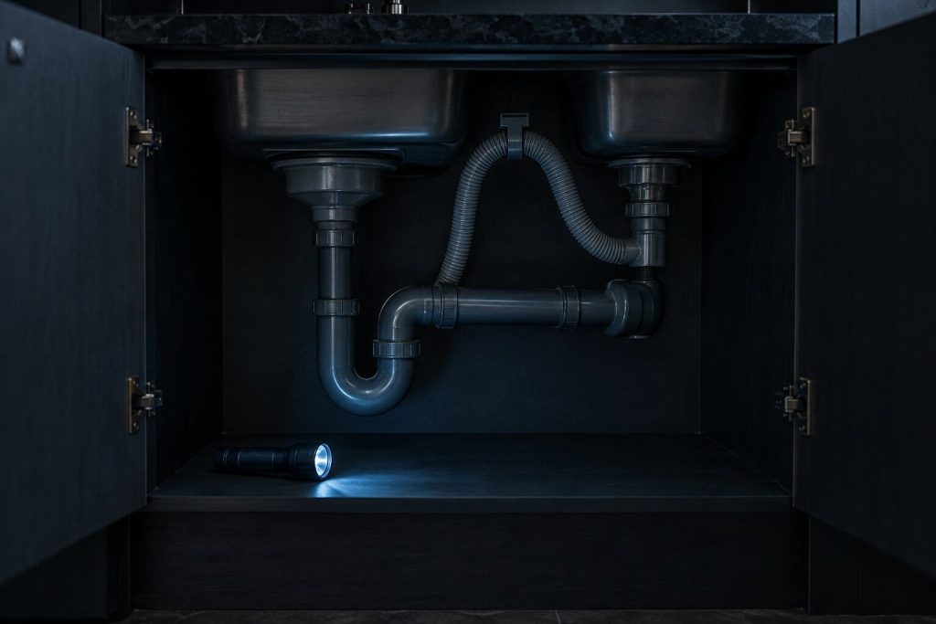 The cabinet under a kitchen sink standing open on plain domestic plumbing and a corrugated hose in a high loop, a flashlight lying on its side inside
