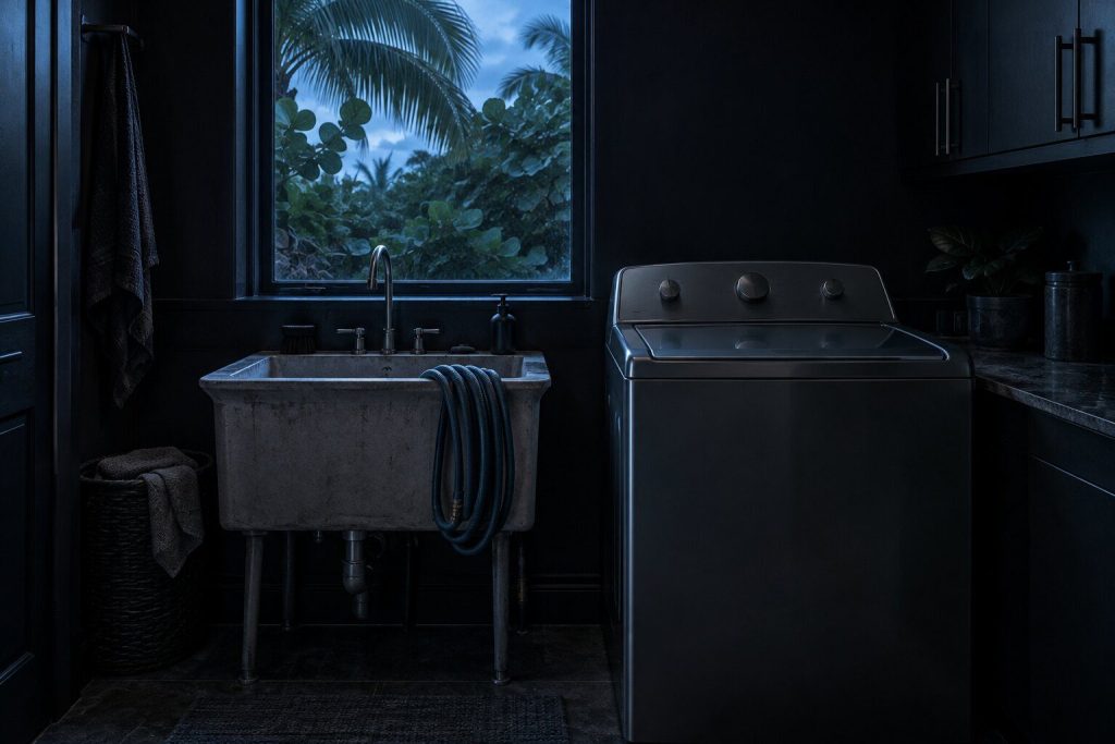 A deep utility sink beside a washing machine in a dim laundry room, a coiled hose over its rim, and above it one cold window looking out on palms and dense subtropical greenery at dusk