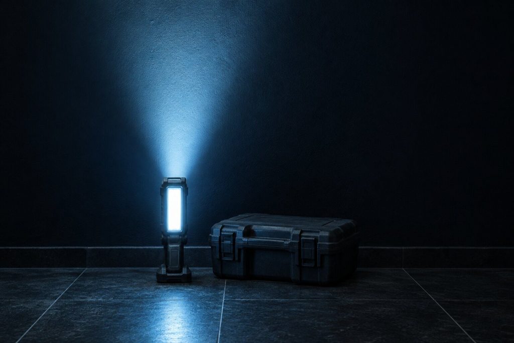 A work light standing on end on a dark tile floor throwing a cold cone of light up a plain wall, a closed tool case beside it