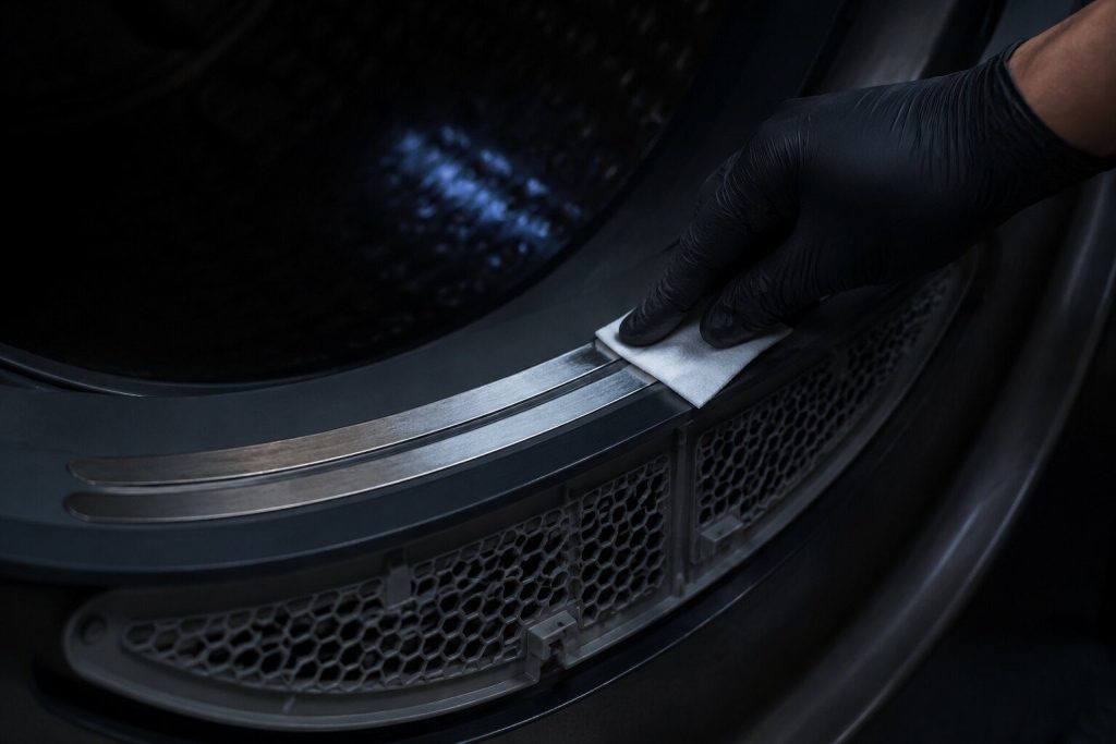 Gloved fingers drawing an alcohol pad along the two metal sensor strips just inside the front of a dryer drum near the lint screen opening, a clean band showing behind the pad, the drum otherwise empty and dim.