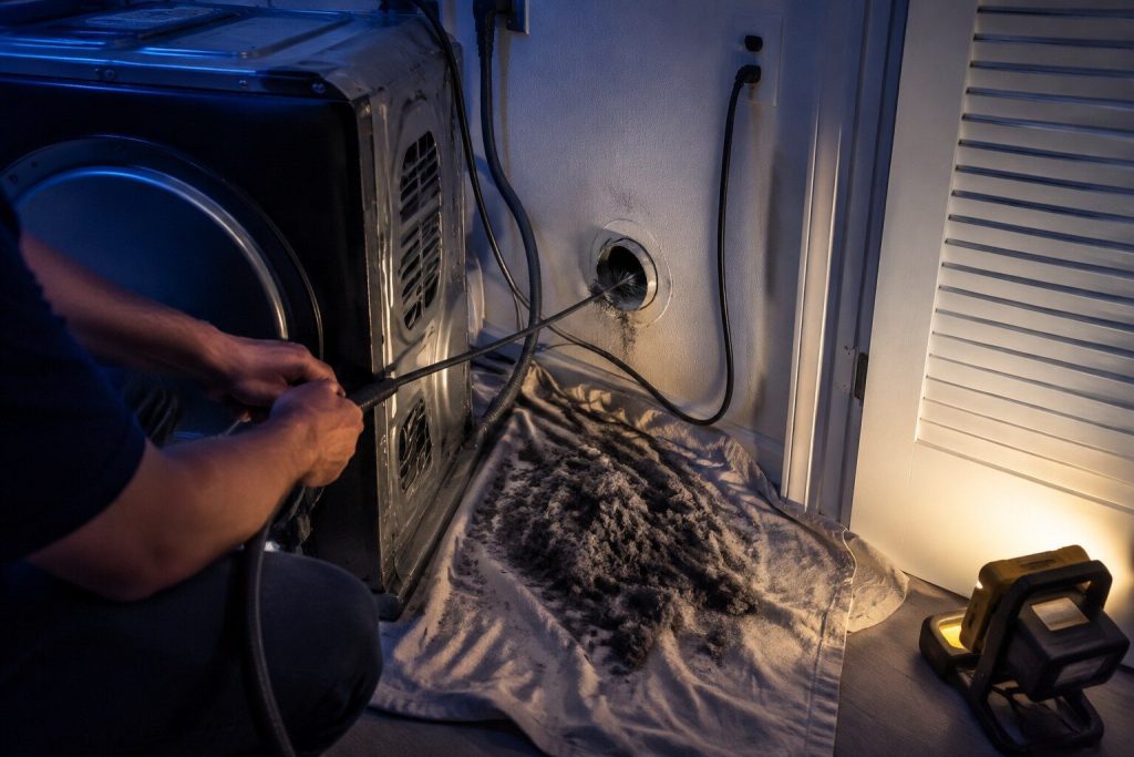 A long flexible rod brush fed into the round duct in the wall behind a pulled-out dryer, a heaped mat of grey lint on the dust sheet beneath. The heap is the point — it is what a year of humid lint looks like out of the run.