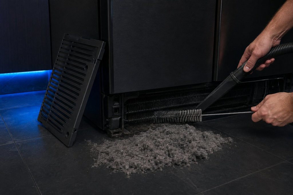 The base grille of a refrigerator removed and leaning against the cabinet, a coil brush and a vacuum nozzle worked in among the black condenser fins behind it, a grey mat of dust drawn out onto near-black tile.