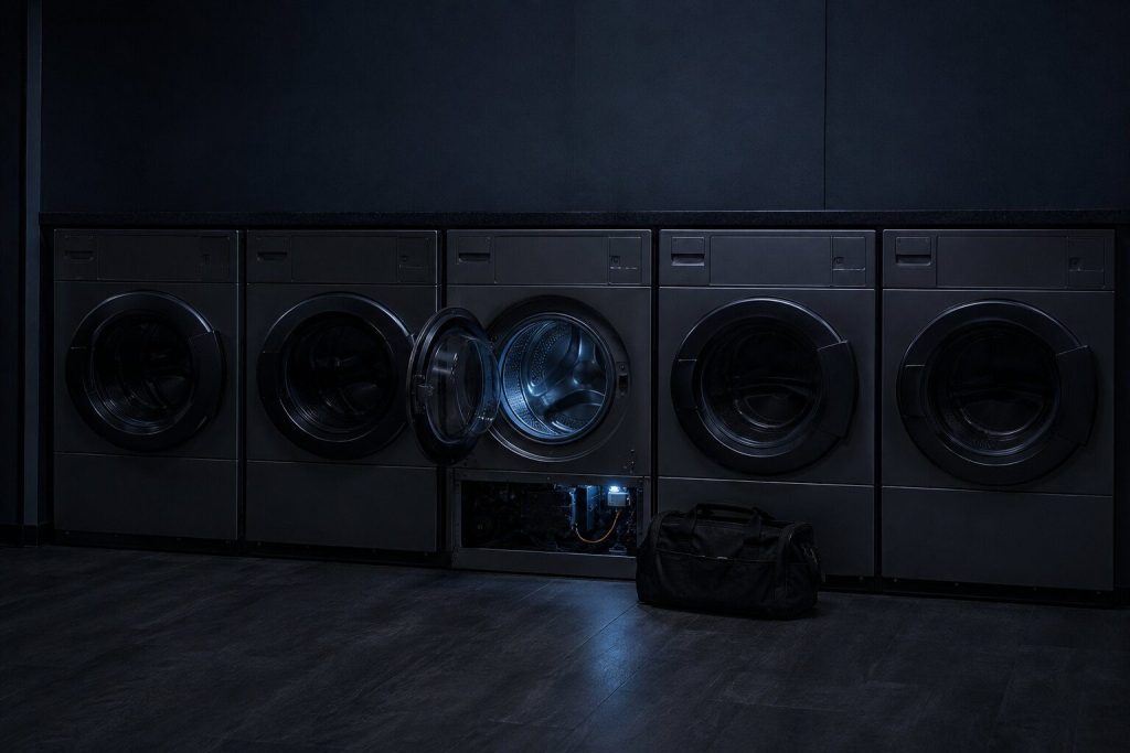 A row of five identical coin-operated front-load machines along the wall of a shared laundry room at night, one of them standing open with its lower panel off and a tool bag on the floor beside it, the rest closed and dark.