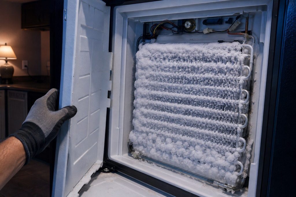 The inner rear panel off to show the evaporator coil packed solid with frost and the glass heater rod along its foot. Both halves of the diagnosis in one frame: the ice, and the part that should have cleared it.