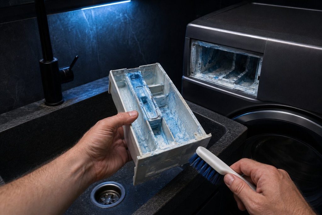 A detergent dispenser drawer pulled right out of a washing machine and held over a laundry sink, its compartments and the channels behind it crusted with dried blue-white softener residue, a brush in the other hand.