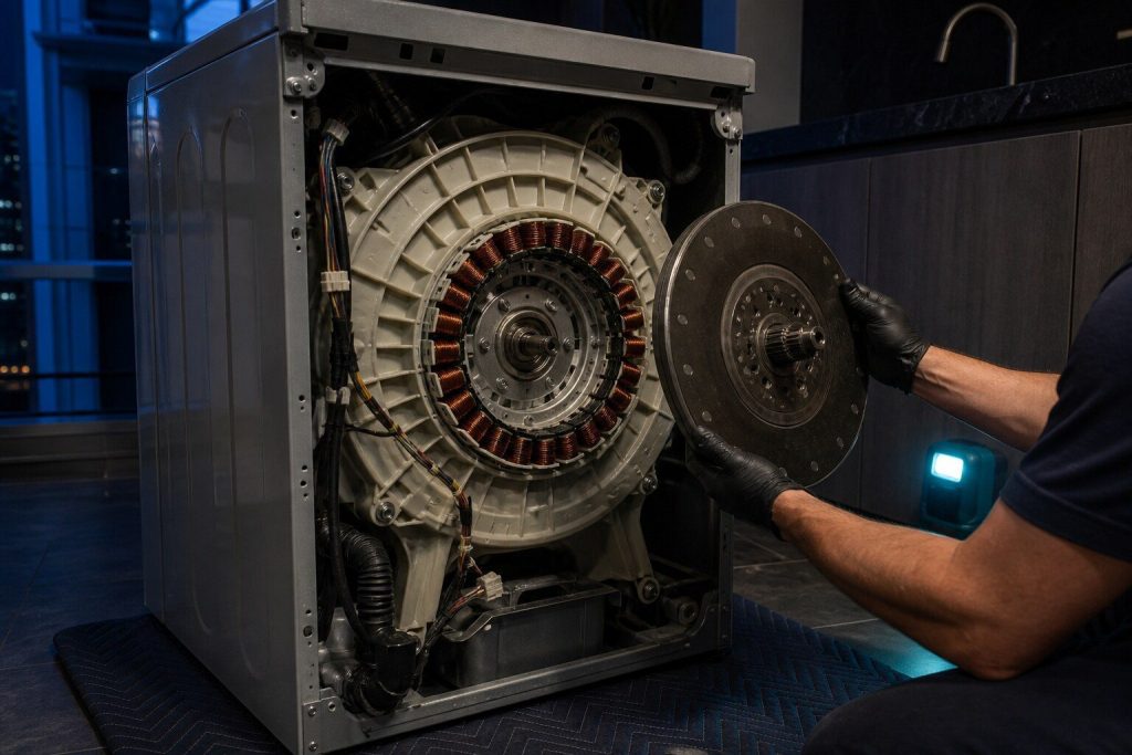 A large flat magnet rotor lifted off the back of a washer's outer tub with the stator still bolted behind it. Direct drive is what this generation of the badge uses, so this is the drive rather than a belt from somebody else's machine.