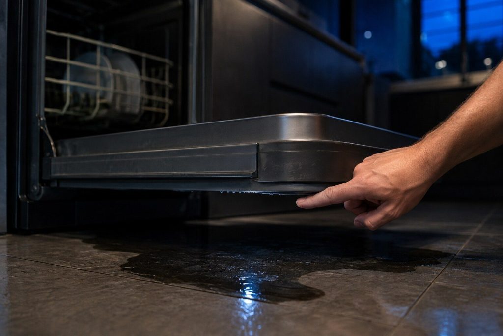 A finger tracing a wet line along the bottom edge of an open dishwasher door where the seal meets the tub, a dark puddle on the tile. The door gasket is the first thing checked and the bottom edge is where it shows.