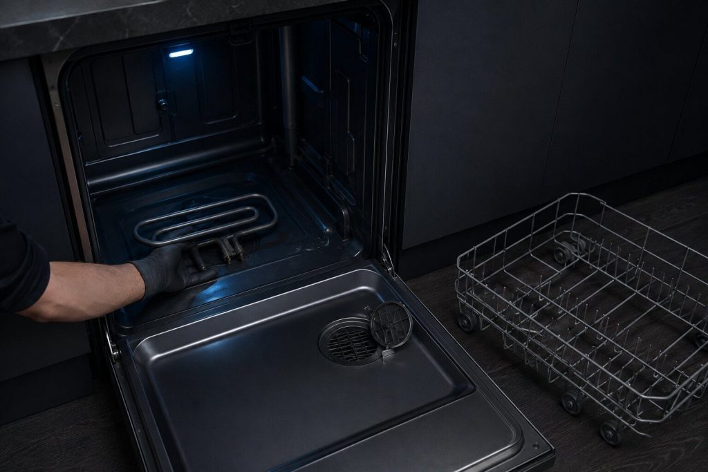 The lower rack drawn right out of a dishwasher and set on the floor, the looped heating element lifted a little clear of the tub floor on a gloved hand and the drying vent in the inner door face open beside it.