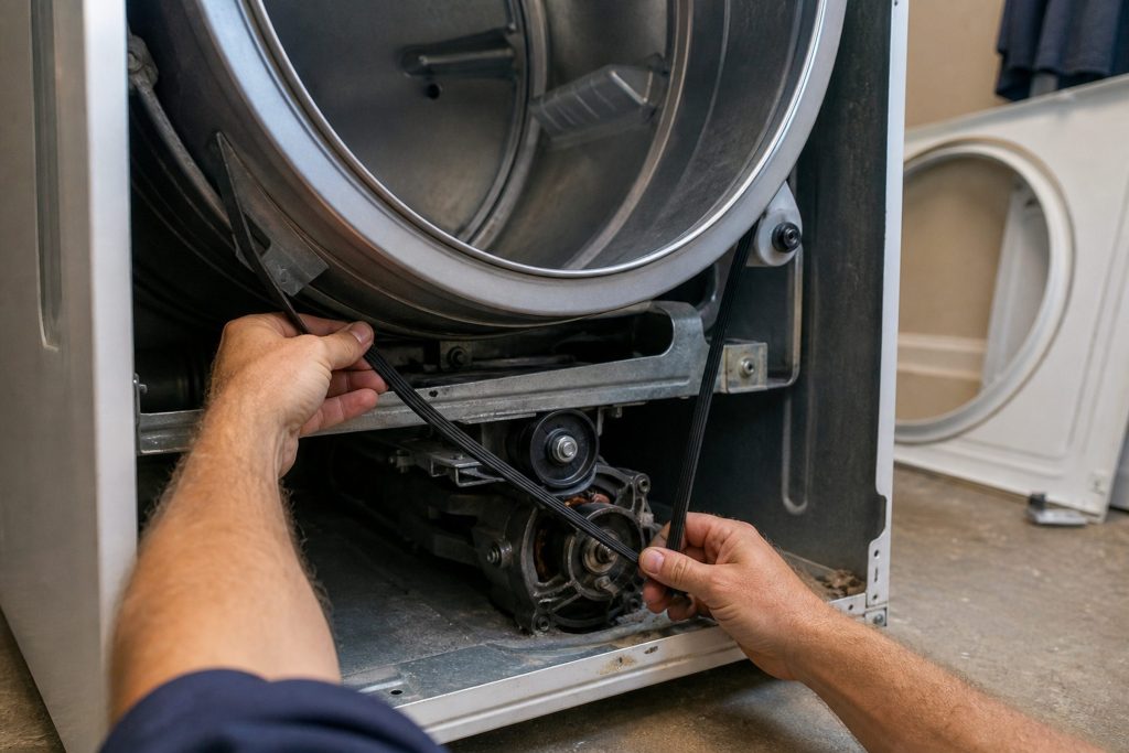 Drum rollers and the belt off a dryer. The two parts this page separates — a hum without rotation and a rumble with it — lying together, which is also how they are replaced.
