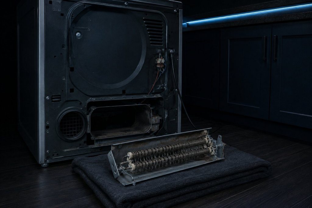 A dryer pulled forward in a dark laundry room with its rear panel off, the coiled heating element drawn out of its metal can and laid across a folded blanket on the floor, the empty housing dark behind it.