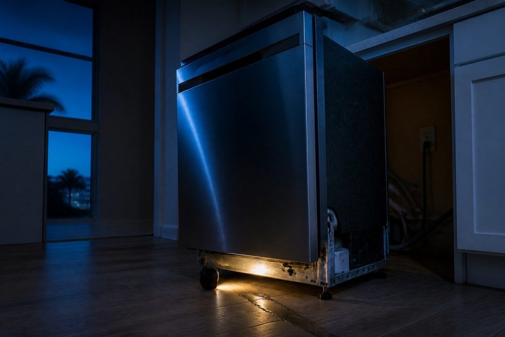 A dishwasher pulled out onto the kitchen floor with a work light on its side underneath showing a wet trail along the base frame. Water at the front that arrived from the back is the version of this page that needs the machine out.