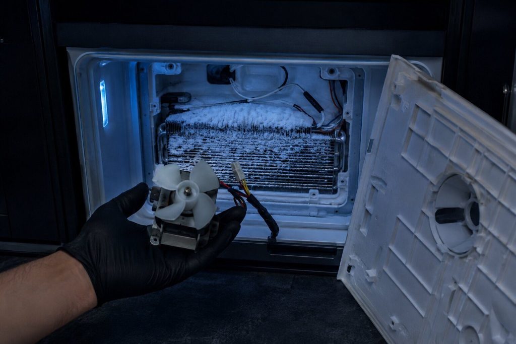 The inner rear panel of a freezer removed and leaning aside, a small evaporator fan motor with its plastic blade lifted out on a gloved palm and its harness trailing back into the opening, frost still on the coil behind.