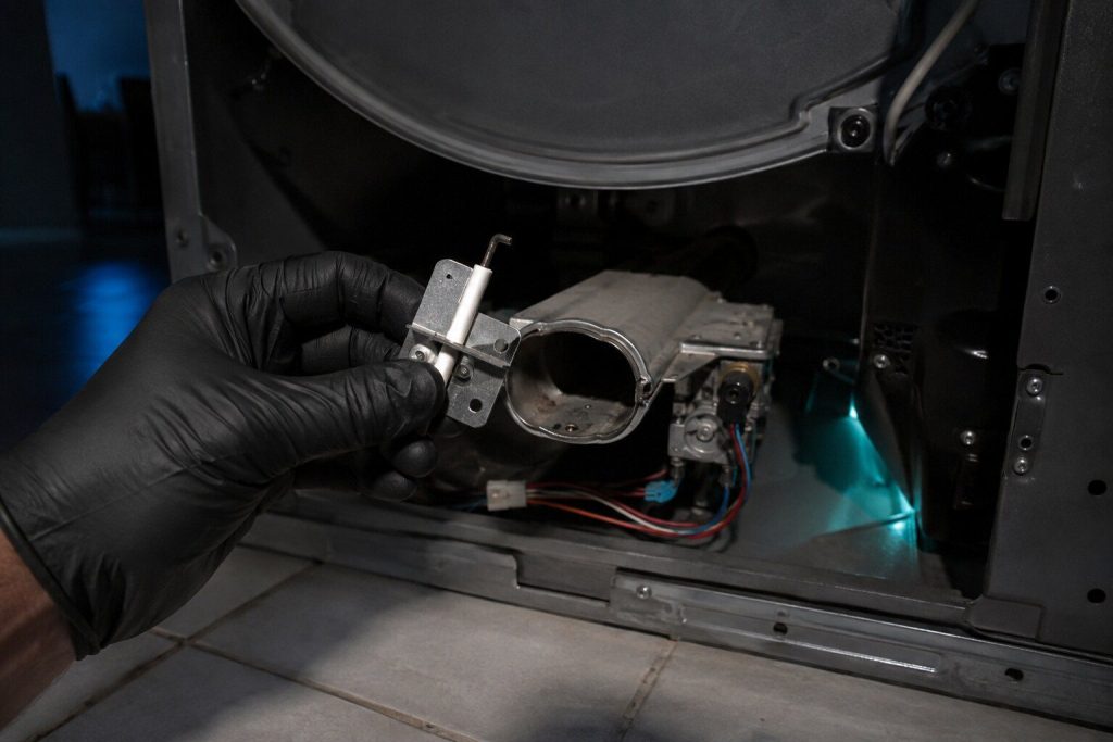 A small ceramic igniter on its bracket held in front of an opened gas dryer burner tube. The igniter is the commonest gas dryer repair there is, and the open burner tube behind it is the sequence you listen for.