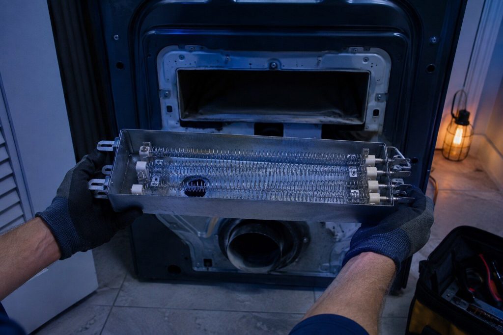 The coiled heating element in its open metal can lifted out of the back of a dryer and held level, the empty duct opening behind. The element and the duct in one frame, which is the order this page insists on.