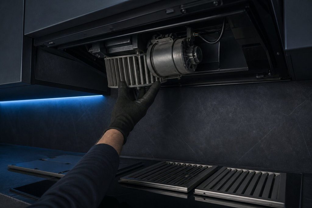 The underside of a wall-mounted hood with its cover and baffle filters taken out and laid on the cooktop below, the blower housing and its motor exposed inside the canopy, a gloved hand supporting the wheel.