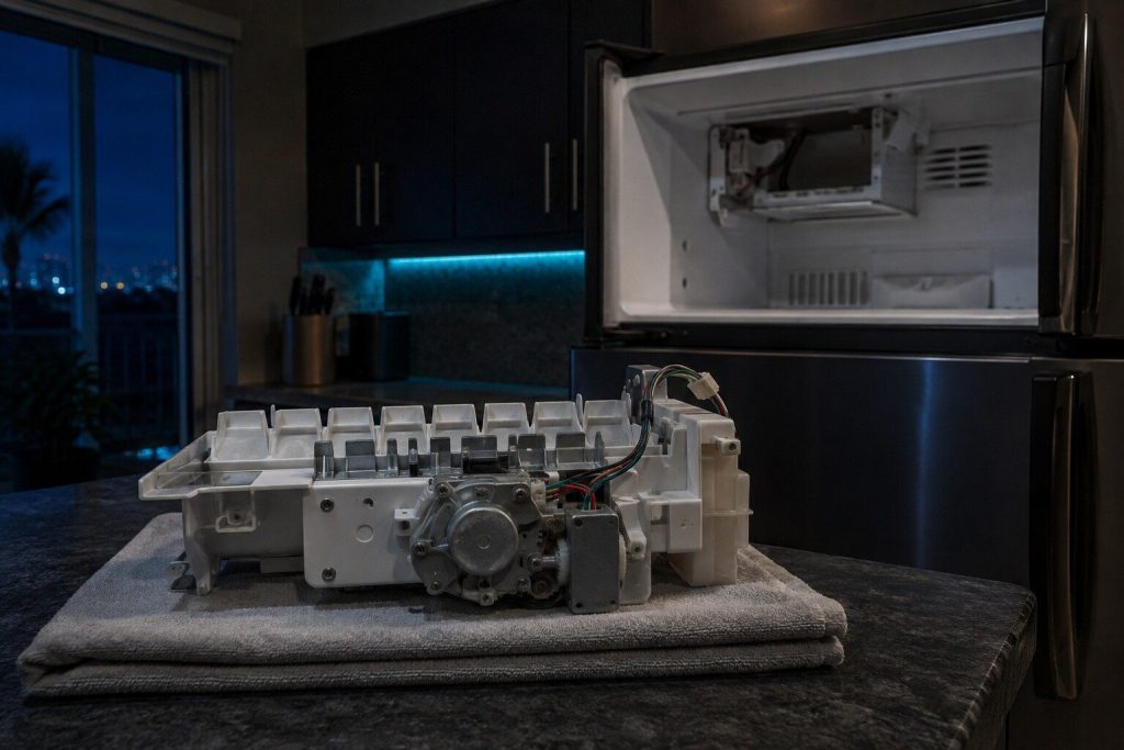 An ice maker module lifted out and set on a folded towel, its harvest arm and gearbox to the camera, the empty bracket behind