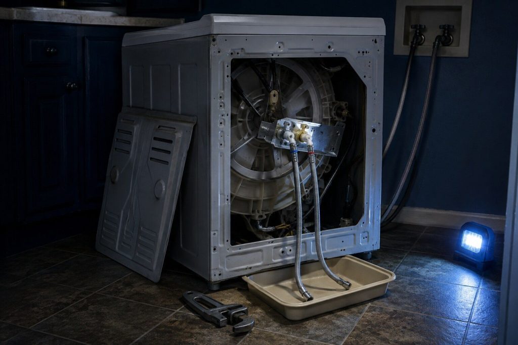 A washer pulled out with its upper rear panel off, the inlet valve drawn out on its bracket with both braided supply hoses still attached. Two hoses is the detail: this page is about why a machine fills cold only.