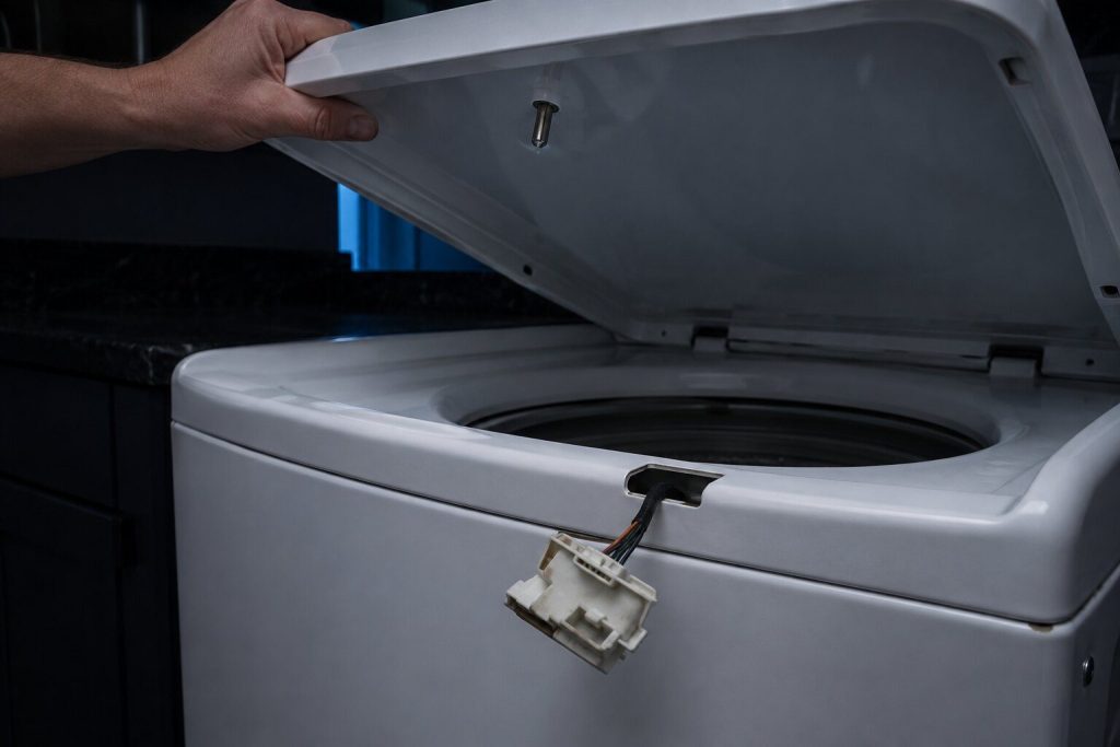 The lid of a white top-load washing machine held raised while the lid lock housing hangs out of its cutout in the cabinet rim on its wiring loom, the short metal striker pin on the underside of the lid directly above it.