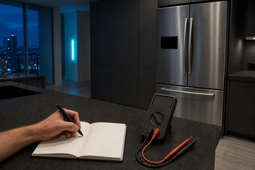 A multimeter and an open notebook on a dark counter beside an appliance whose panel is dark, a hand writing. One visit, one answer in writing, which is what this page promises.