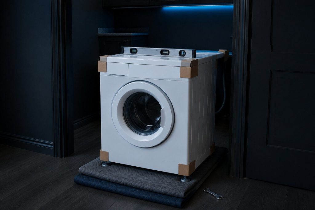 A washing machine standing on two folded moving blankets just clear of its opening in a dark laundry closet, cardboard corner guards still on it, a spirit level lying across the lid and an open-ended wrench on the floor beside a front foot.