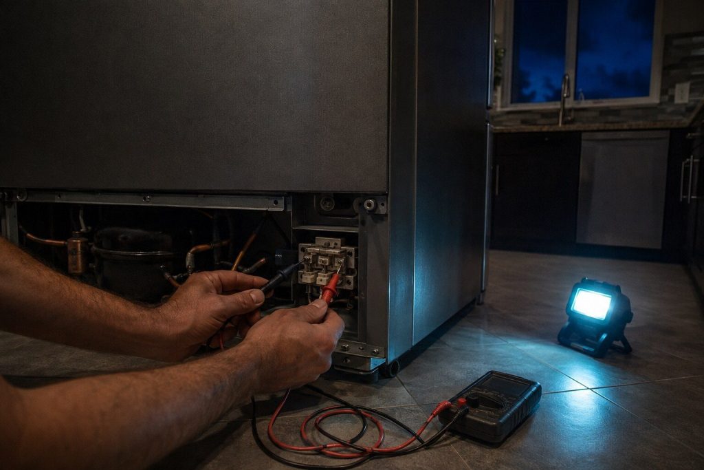 Meter probes on a terminal block behind the lower rear panel of a refrigerator pulled out from the wall