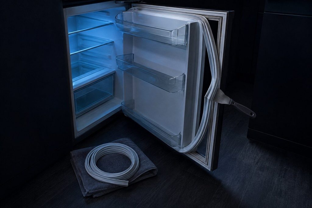 A refrigerator door swung wide in a near-black kitchen with the magnetic gasket peeled back out of its channel along one side by a putty knife, the empty channel visible and a new coiled gasket lying on a folded towel on the floor.