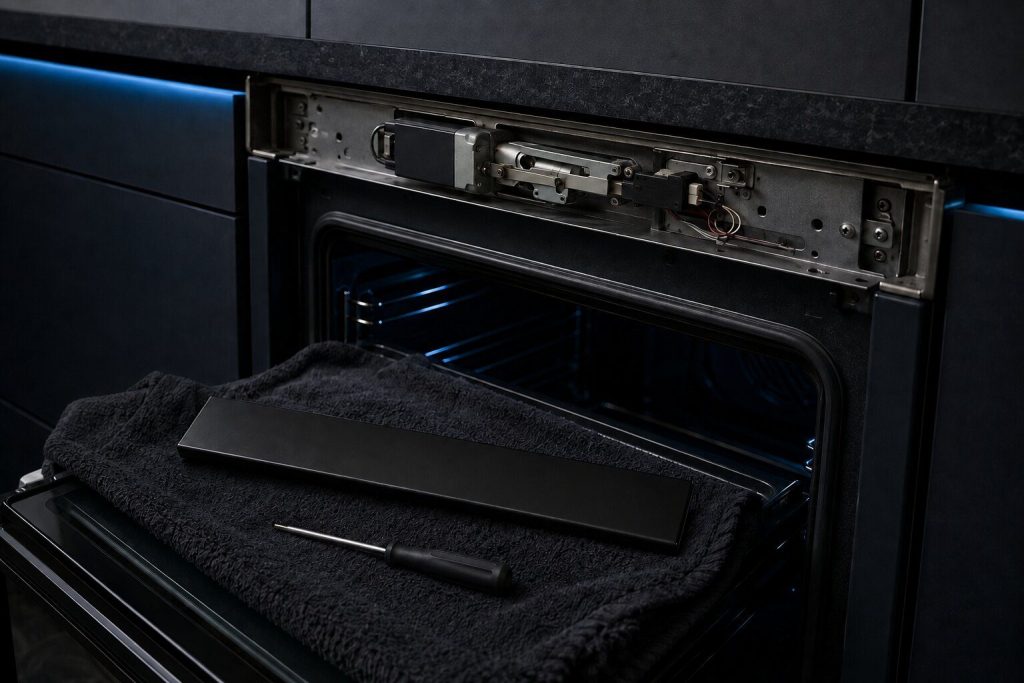 The top trim of an oven frame removed to expose the motorized door latch and its switch, the latch arm half across its keeper, a small screwdriver and the removed trim lying on a towel over the open door.