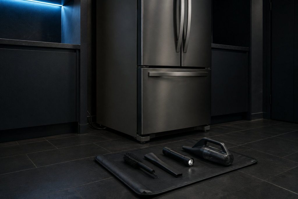 A rolled tool mat opened on near-black tile in front of a refrigerator pulled forward, a coil brush, a vacuum crevice tool, a torch and a small vacuum standing on it, nothing dismantled and no panel off.