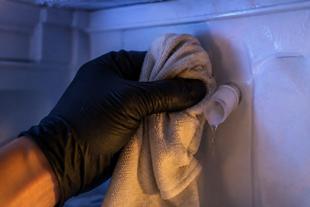 A gloved hand holding a warm cloth around the small white fill tube at the back of a freezer wall, a plug of ice half melted at its mouth. The frozen fill tube is the single commonest cause on this page and this is exactly it.