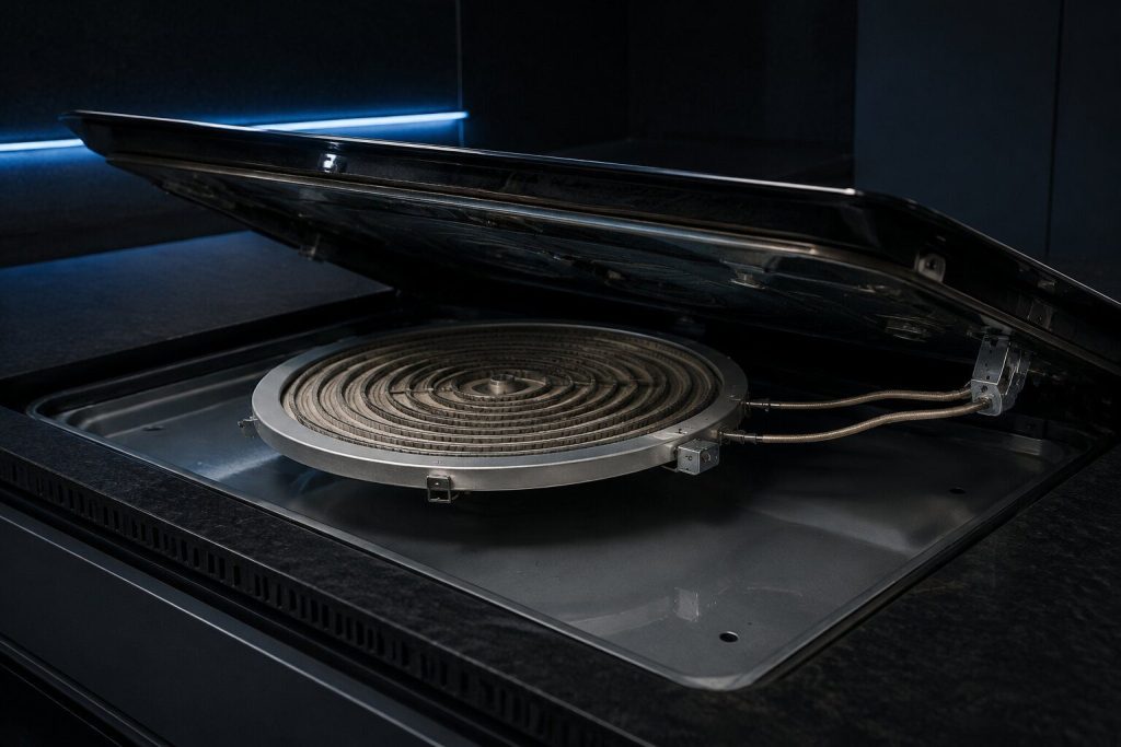 A flat radiant coil element unhooked from its bracket and lifted a few inches beneath a raised ceramic cooking top in a dark kitchen, its two leads stretched, the empty reflector pan below it.