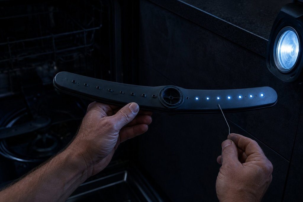 A lower spray arm unclipped from a dishwasher and held up against a work light in a dark kitchen so its row of small jets shows as points of light, half of them plainly closed, a length of wire in the other hand.