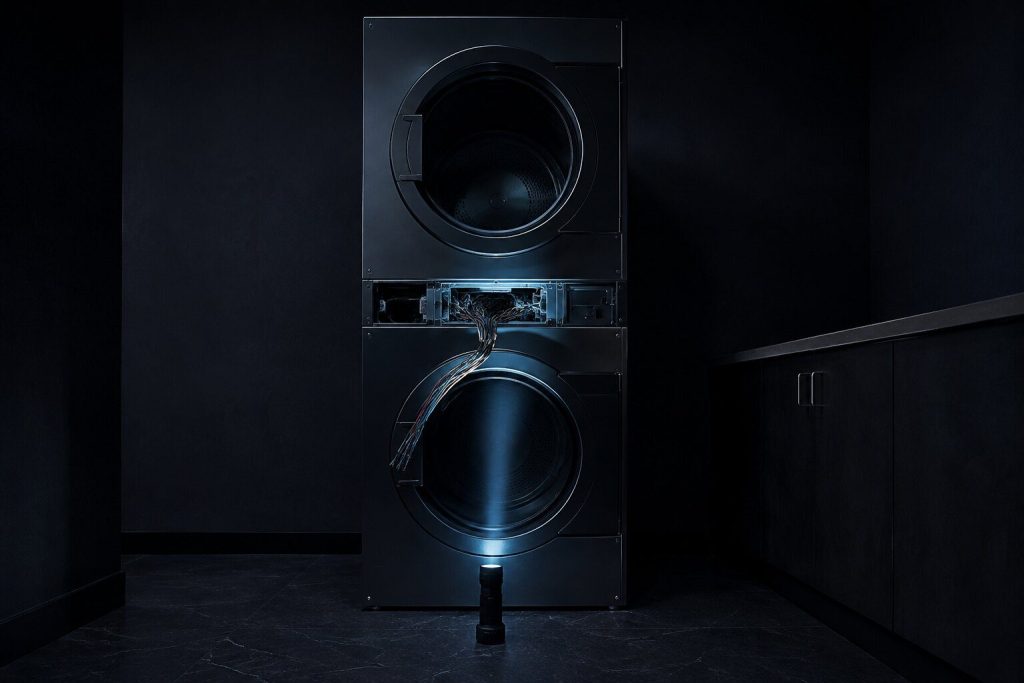 A tall stacked commercial dryer in a laundry room at night with the panel between its two drums removed and a loom of wiring drawn out of the gap, a torch standing on the floor throwing light upward.