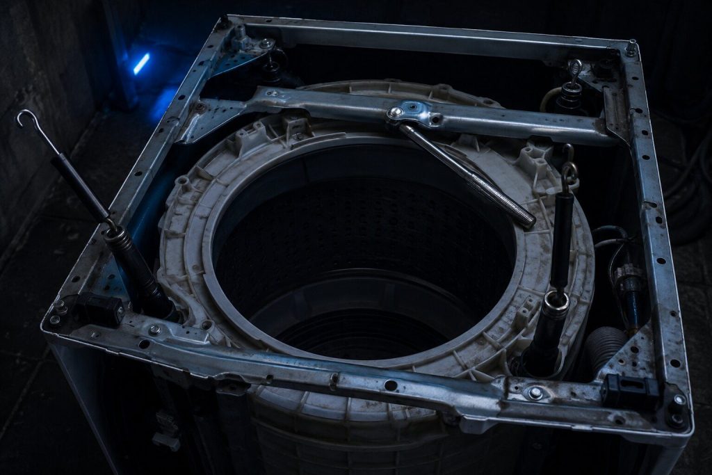 The cabinet of a top-load washing machine opened up with two of its four suspension rods unhooked at the top and swung clear of the outer tub, a socket wrench resting across the frame, the basket dark below.