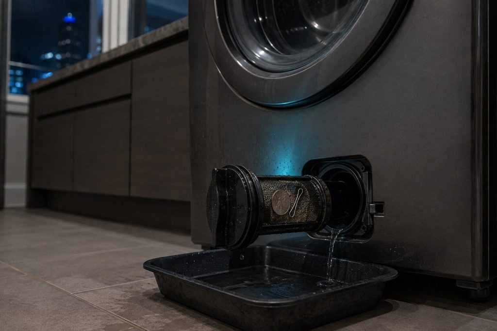 A drain pump filter unscrewed out of the bottom front of a washer over a shallow tray, a coin and a hairpin caught in the mesh, water still running. What actually comes out of one of these, which is the sentence the page opens with.