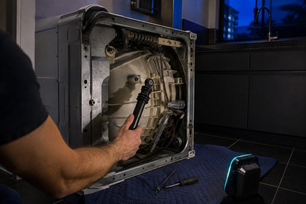 A suspension damper unbolted from the outer tub and held clear of its bracket, the machine on its side on a blanket. On its side is the honest part: this is the repair that means the machine comes apart.
