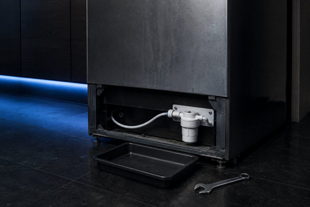 A refrigerator pulled forward onto near-black tile with its lower rear panel off, the plastic water line and the filter head visible inside on their bracket, a shallow tray under the fitting and a wrench lying beside it.