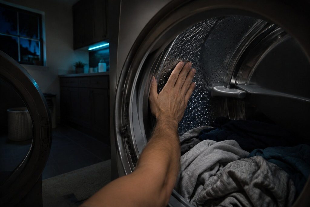 A hand laid flat against the inside wall of a dryer drum at the end of a cycle, the laundry around it plainly cold. The drum turned for the full cycle and made no heat, which is the distinction this page rests on.