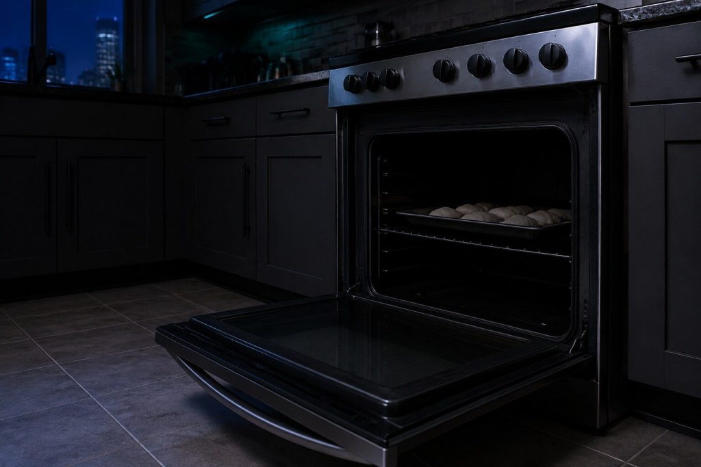 An oven standing open at night with a tray of raw dough on the middle rack, the cavity dark and unlit, no glow from either element. No glow is the diagnosis this page asks the reader to make.