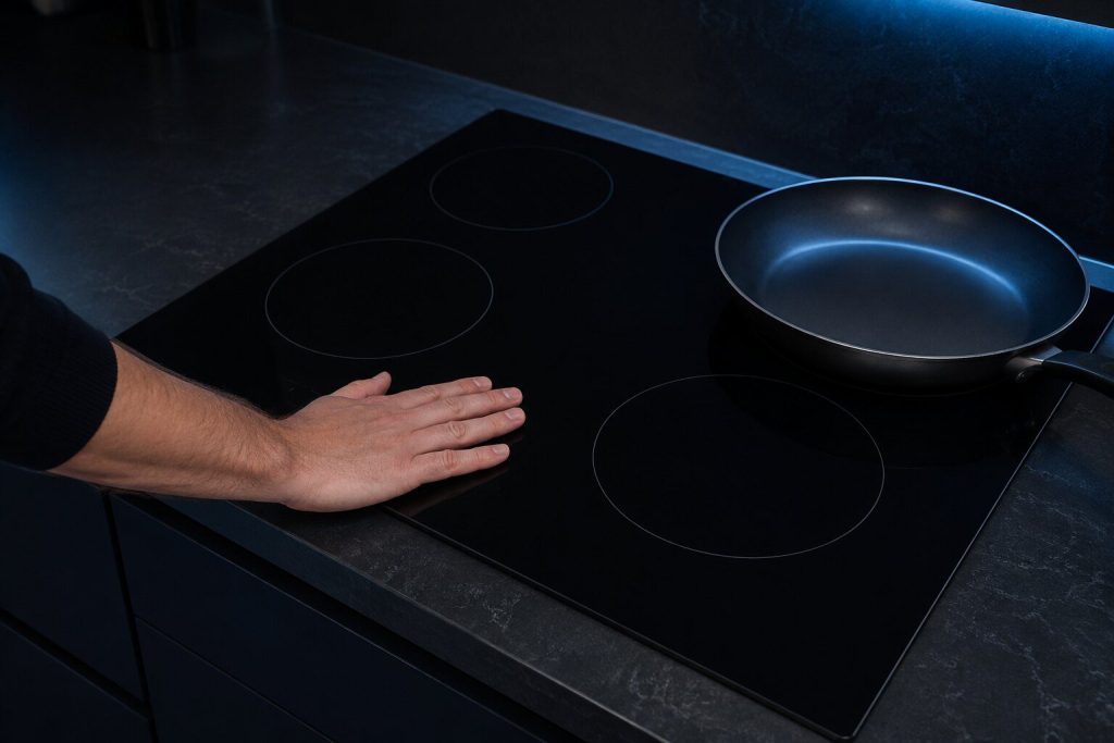 A hand pressed flat on the unlit touch area of a smooth black ceramic radiant cooktop in a near-black kitchen, nothing glowing anywhere on the surface and no indicator lit, an empty pan pushed to one side.