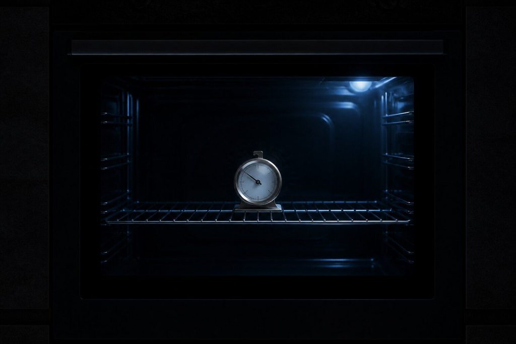 A dial oven thermometer standing alone in the middle of an otherwise empty oven rack, seen square on through the closed door glass with only the cavity lamp lit, the needle plainly short of the top of its arc.