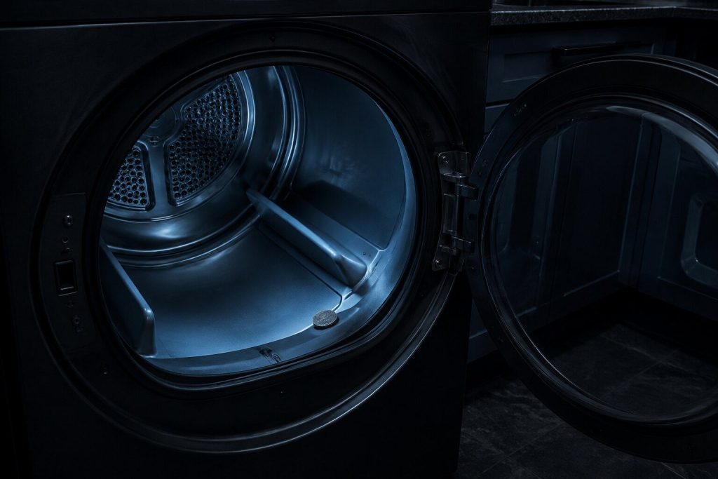 The open drum of a dryer in a dim laundry room with a single coin lying against one of the lifting vanes, the drum otherwise empty, the door swung wide and one cold light raking across the vanes.