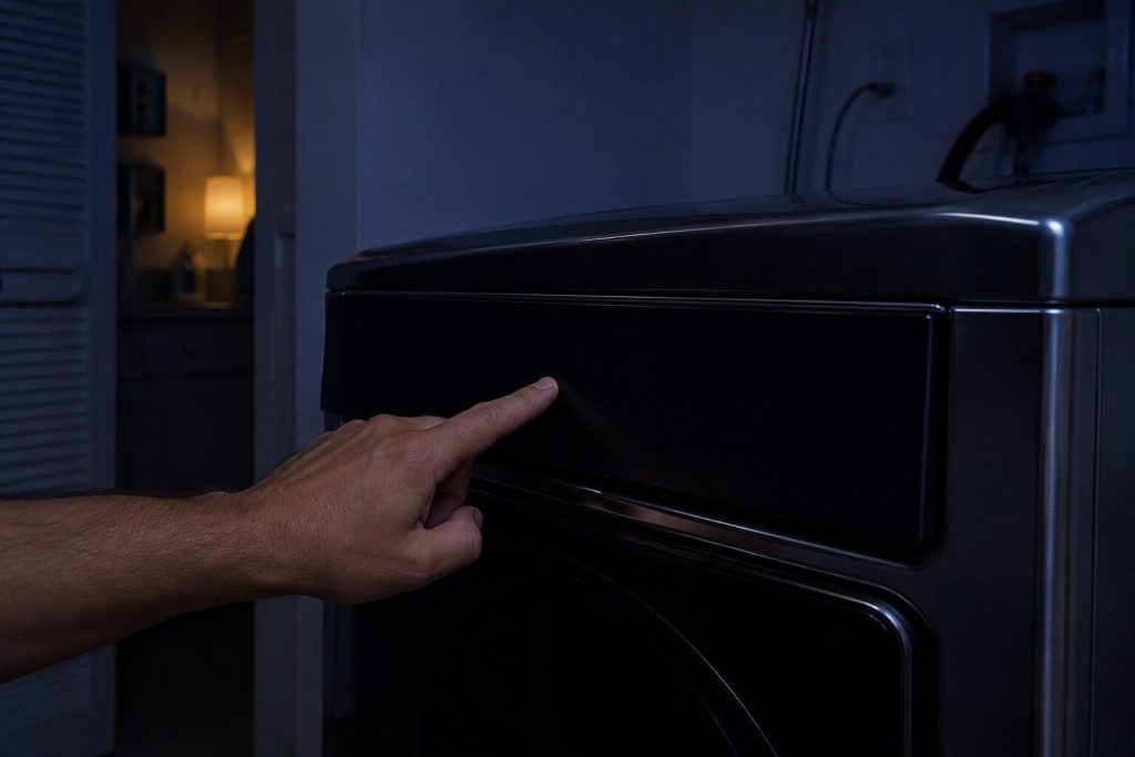 A finger pressed against the dark fascia of a dryer with nothing lit under it anywhere, the laundry closet in deep blue shadow