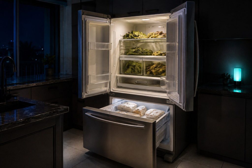 The upper compartment open on limp greens while the freezer drawer below is pulled out on hard frozen packets. The single most diagnostic sentence anybody says about a refrigerator, in one frame.