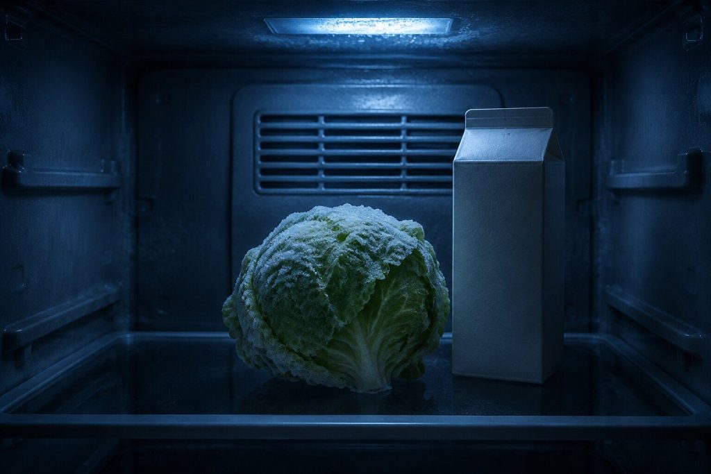 A head of lettuce and a carton standing on the middle glass shelf of a refrigerator's fresh food compartment at night, the leaves visibly stiff and glassed over with ice crystals, the vent grille in the back wall directly behind them.