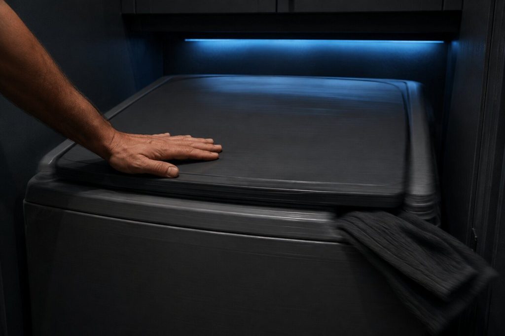 A hand laid flat on the top of a top-load washing machine at full spin in a dark laundry closet, the cabinet visibly blurred with vibration and the lid closed, a folded towel sliding off the corner of the machine.