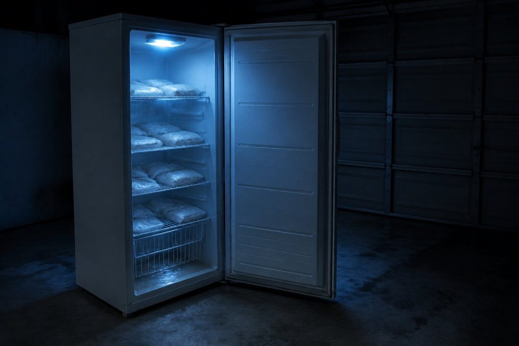 An upright freezer standing open in a dark garage, its wire shelves carrying slumped soft packets and a puddle of melt water lying in the bottom basket, a concrete floor and a closed garage door behind it.