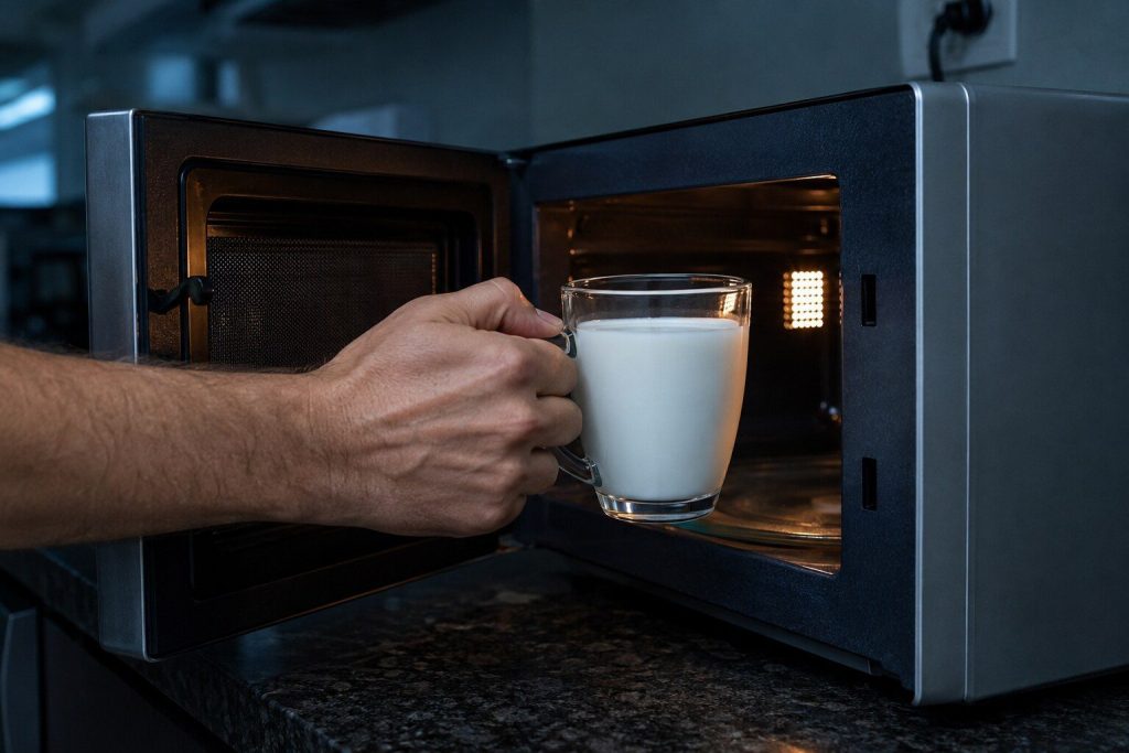 A hand lifting a plain glass mug of milk out of a cavity with no steam and no haze coming off it, the lamp on behind. The water test this page asks for, photographed.