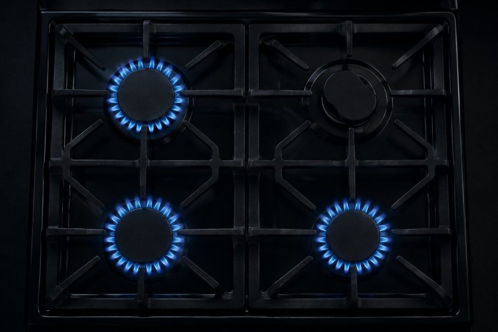 A freestanding gas range top seen from above at night: three sealed burners under cast grates carrying steady blue flame and the fourth dark, its burner cap sitting very slightly out of square on the ring beneath it.