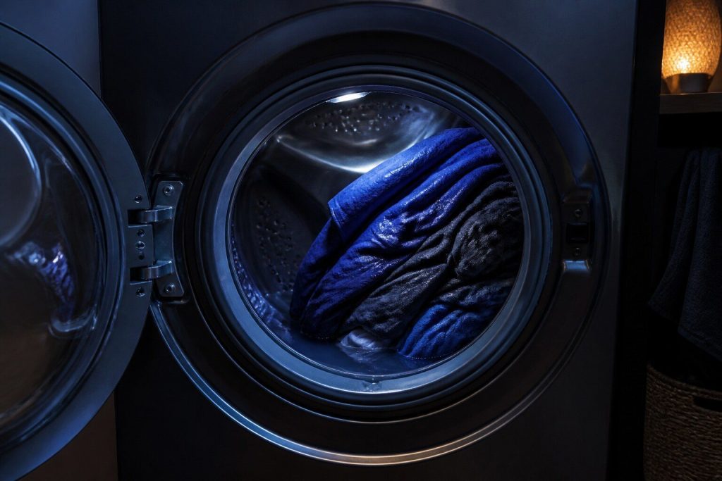 A drum standing open on a heavy load twisted to one side and pressed against the wall, water lying in the folds. A load gathered on one side is the commonest reason a spin is refused, and the frame is the cause and the symptom at once.