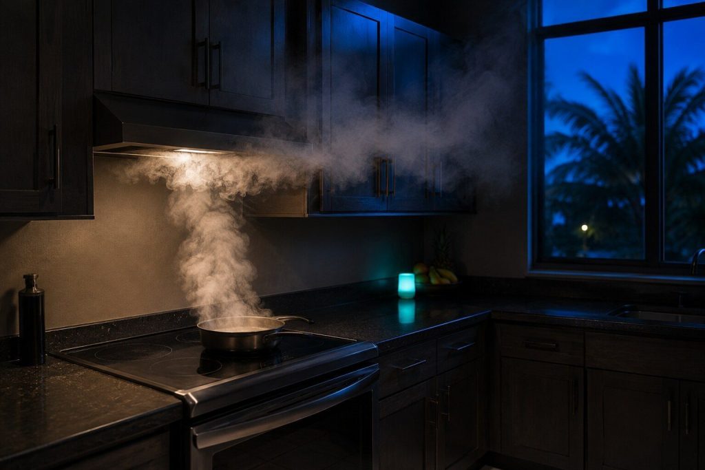Steam from a pan rolling out sideways from under a wall-mounted hood and up across the cabinet fronts instead of being drawn in. The fan is running and the air is not leaving, which is the whole complaint.